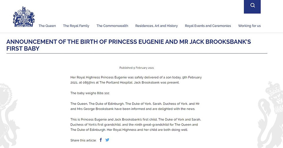 announcement of the birth pf princess Eugenie's first baby